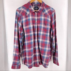 American Eagle Red and Blue Plaid Boyfriend Fit Snap Button Down Shirt Size XL